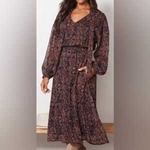 Evereve Burgundy Tan Paisley Print Tie Front Chiffon Eliza Midi Dress